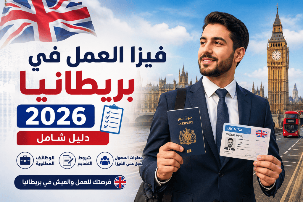 شاب عربي يحمل جواز سفر وتأشيرة عمل بريطانية أمام أشهر معالم لندن، يرمز إلى فرص العمل والهجرة إلى بريطانيا عام 2026.