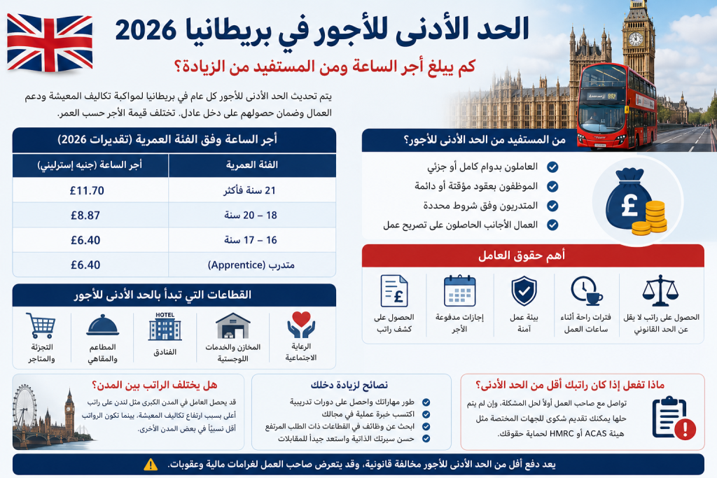 إنفوجرافيك يوضح الحد الأدنى للأجور في بريطانيا لعام 2026 مع معلومات عن أجر الساعة وحقوق العاملين في المملكة المتحدة.