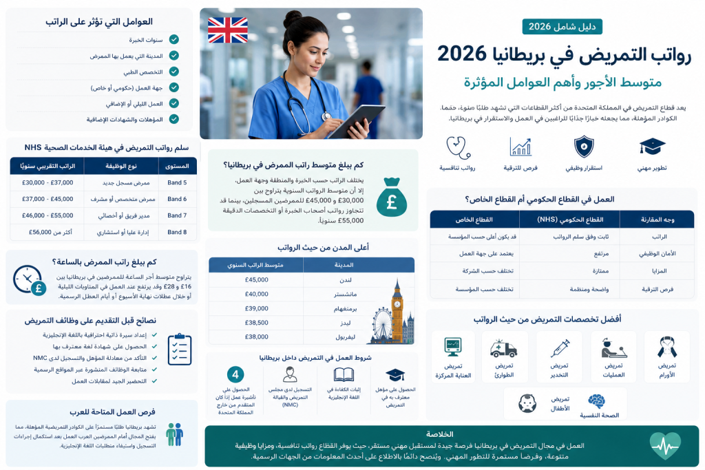 ممرضة تعمل داخل مستشفى في بريطانيا مع معلومات حول رواتب التمريض لعام 2026